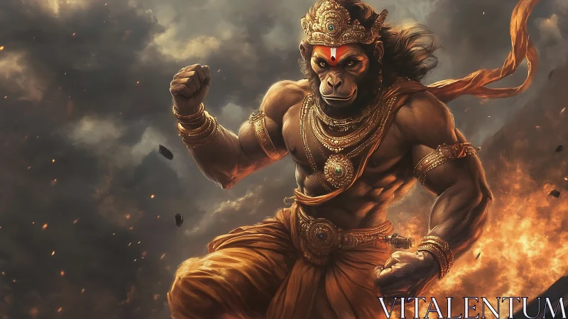 Simian warrior deity stands amid fire and storm clouds