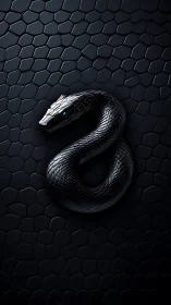 Coiled obsidian serpent on geometric matte scales background.