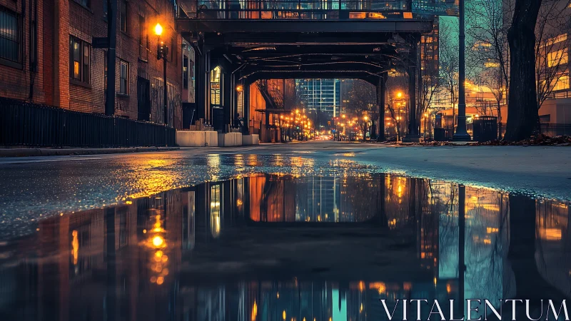 Urban overpass nightscape with reflective wet street surface.