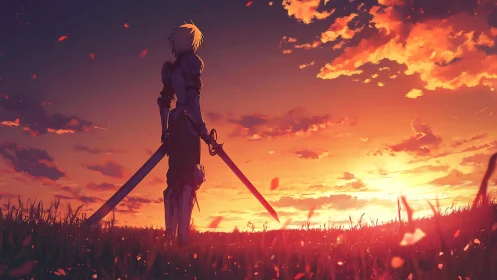 Armored figure holds two swords against a sunset sky