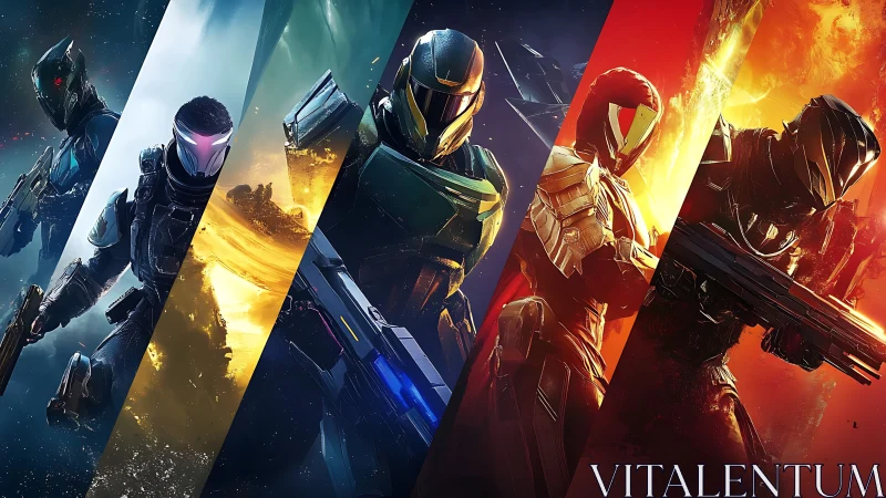 Armored sci fi troopers aligned in segmented, high contrast spectrum