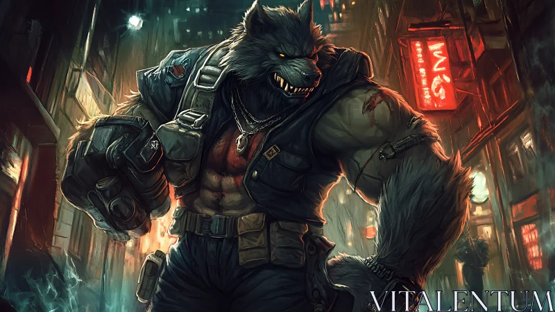 Battle-scarred werewolf guardian roaming neon city streets.