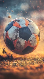 Mud‑scarred soccer ball ignites a fiery sprint across pitch.
