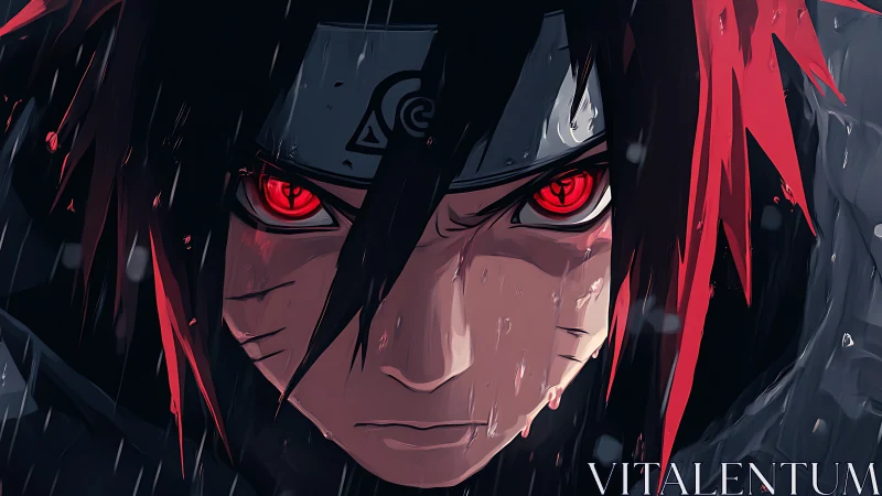 Fierce red eyed ninja stares ahead through driving rain