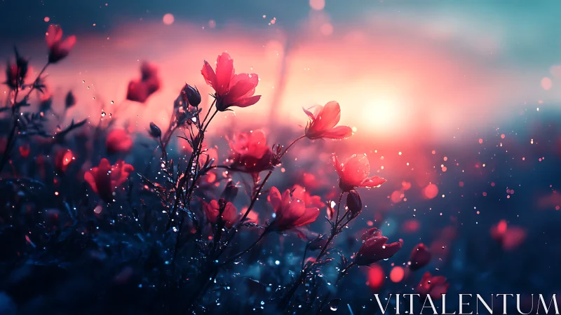 Pink flowers field with bokeh illumination effect at sunset.