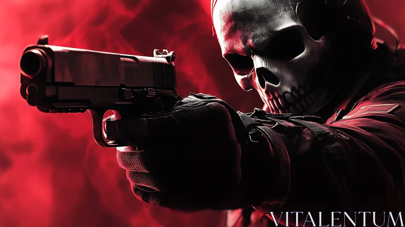 Armed skull-masked figure aiming handgun in red light.