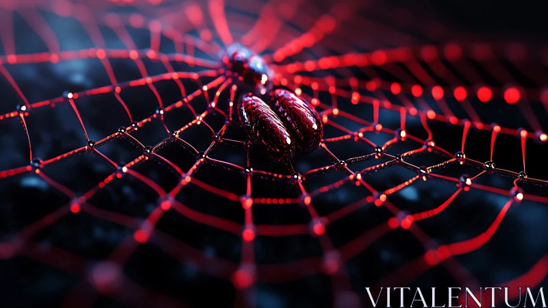Chrome-red spider weaves neon lattice across midnight void