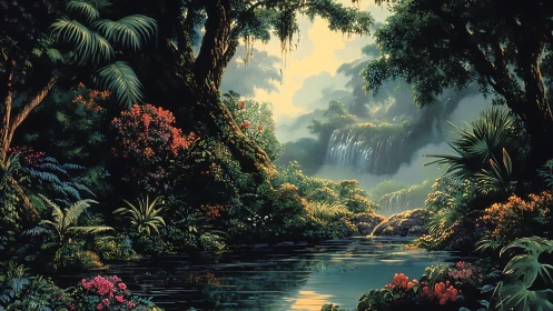 Tropical Jungle Waterfall with Lush Vegetation and Golden Light