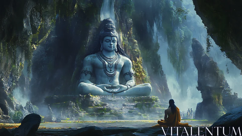 Mountain cavern Shiva colossus and lone seeker in dawn hush.