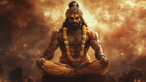 Muscular mythic yogi in lotus pose amid fiery clouds.
