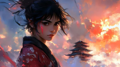 Storm-eyed samurai girl amid blazing temple skies. Period.
