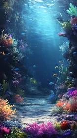 Radiant coral canyon with volumetric light shafts underwater.