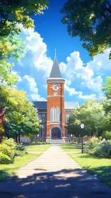 Sunlit campus clock tower along a quiet green walkway.