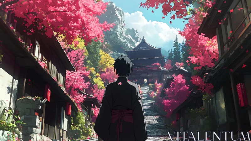 Solitary figure ascending temple path under vivid sakura canopy.