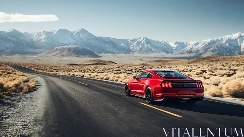 Red sports car on empty desert highway near snowy mountains.