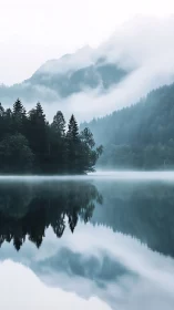 Misty mountains and forest reflected on a tranquil lake at dawn.