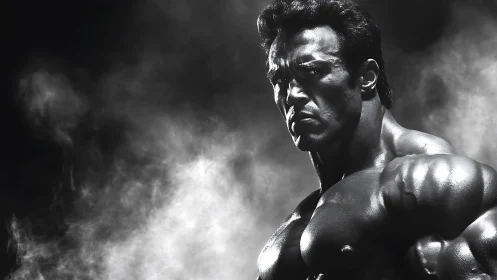 High-contrast monochrome portrait isolates sculpted musculature