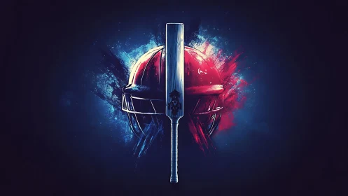 Cricket helmet split by central bat with blue red energy bursts