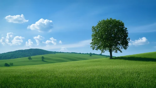Isolated deciduous tree on parametrically rolling green terrain.