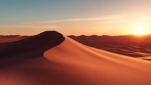 Sunlit desert dune rises against clear glowing horizon
