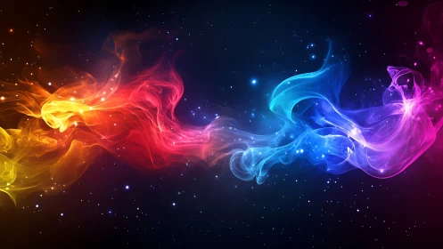 Colorful nebula-like light trails stretch across star field