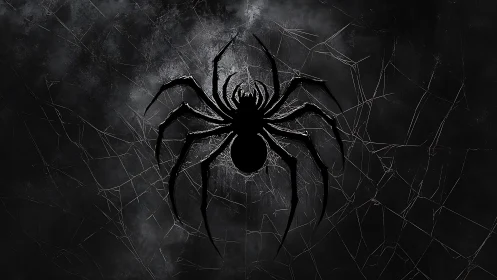 Silhouetted spider emblem on cracked monochrome cobweb field.