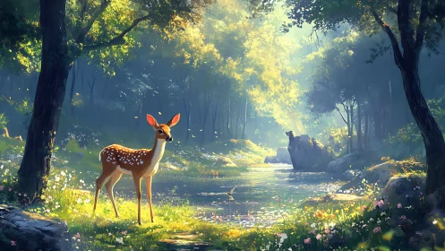 Young deer pauses by a sunlit forest stream in spring