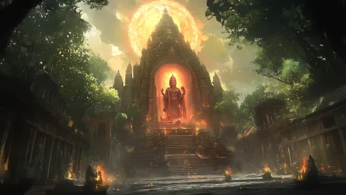 Sunlit jungle temple and radiant guardian statue portal.
