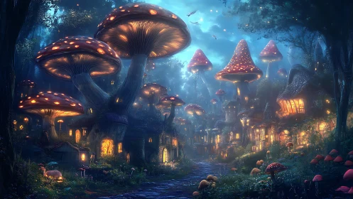 Enchanted mushroom village under glowing moonlit forest sky.