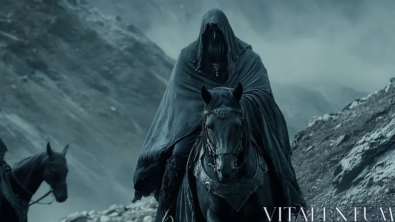 Hooded mounted figure travels through foggy rocky terrain