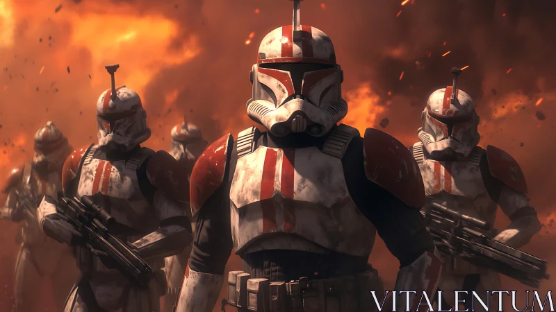 Armored sci fi soldiers advance through burning battlefield