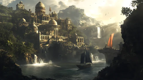 Sunlit cliffside citadel greets two wandering river sails