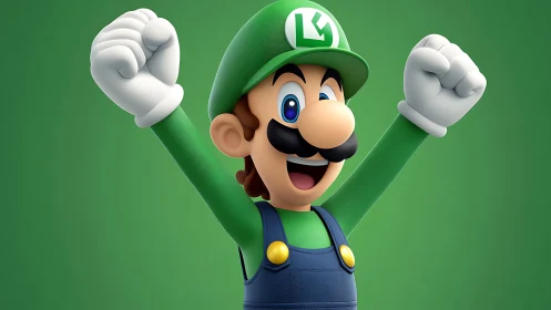 Triumphant green-clad game character in stylized 3D render.