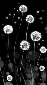 Dandelions in Monochrome: White Seeds Against Black Sky.