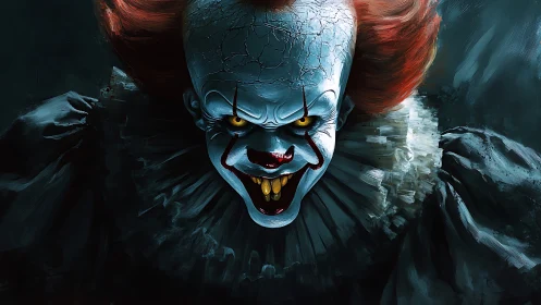 Grinning nightmare clown erupts from shadow in painted menace