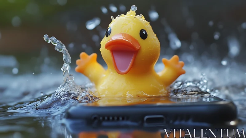 Yellow rubber duck in water spray on dark smartphone surface