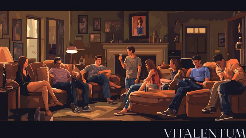 Digitally stylized living room gathering with cinematic lighting.