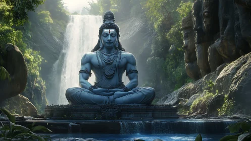 Serene blue Shiva statue before waterfall in forest landscape.