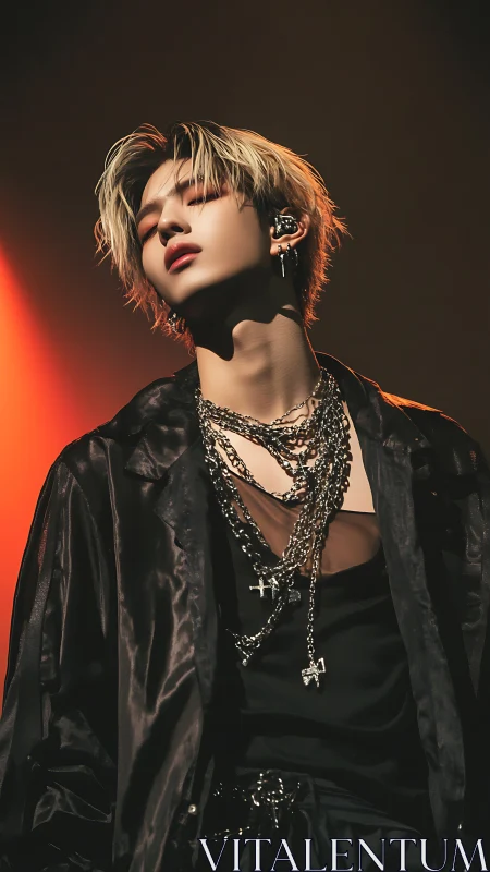 Stage-lit androgynous vocalist in layered chains and satin attire.