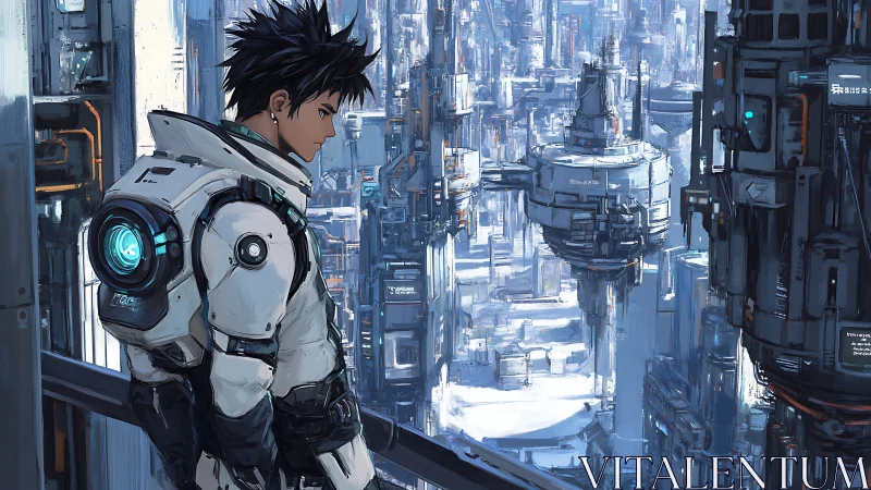 Solitary cybernetic scout overlooks vast futuristic megacity.