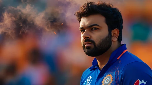 Cricket player portrait in blue jersey on blurred field.