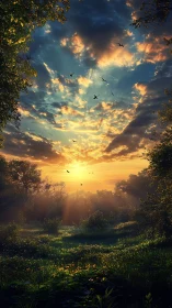 Sunlit forest meadow opens beneath a radiant golden sunrise