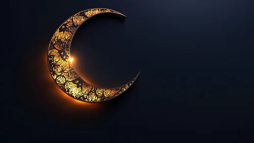 Crescent moon with internal filigree and warm backlighting.