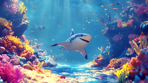 Stylized shark glides through luminous coral reef environment