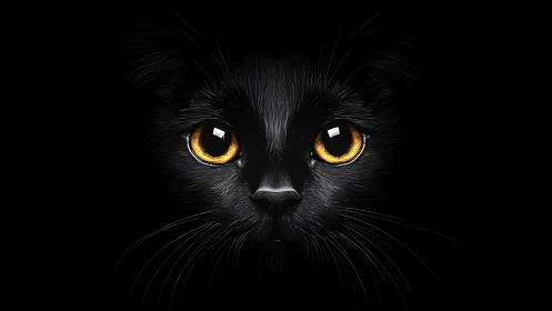 Black Cat with Luminous Golden Eyes Against Dark Background
