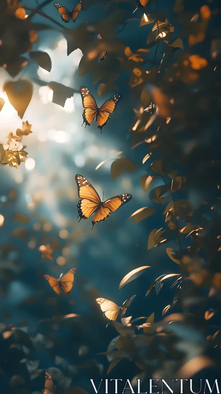 Orange butterflies among foliage in diffuse backlighting.