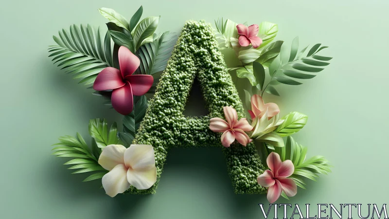 Lush Botanical Letter A with Tropical Flowers and Greenery, 3D Art. Lush Botanical Letter A with Tropical Flowers and Greenery, 3D Art.