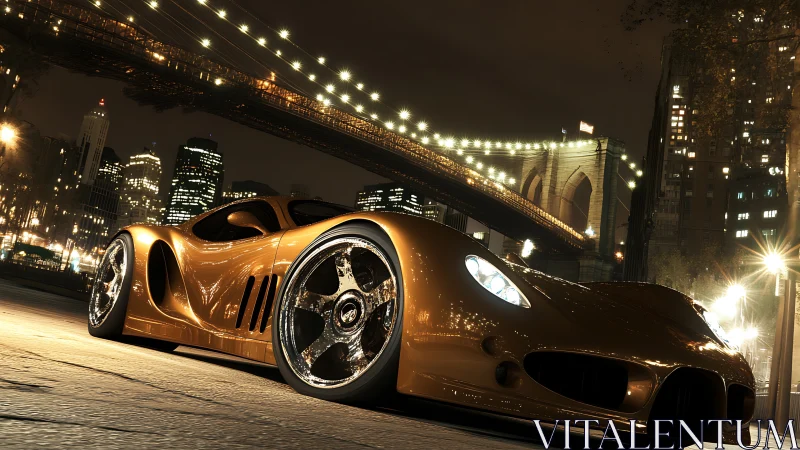 Low-angle render shows golden supercar under city bridge lights