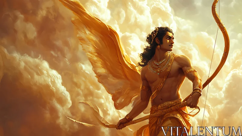 Winged golden archer amid luminous cumulonimbus cloudscape