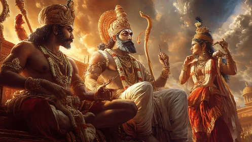 Golden trinity of mythic rulers beneath stormlit heavens.